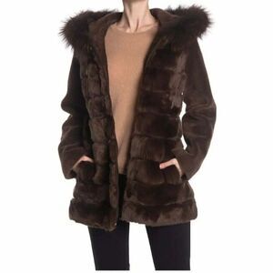 NWOT Blue Duck  | Luxury Brown Coat Hooded Lamb Fox Rabbit Fur Trim Small